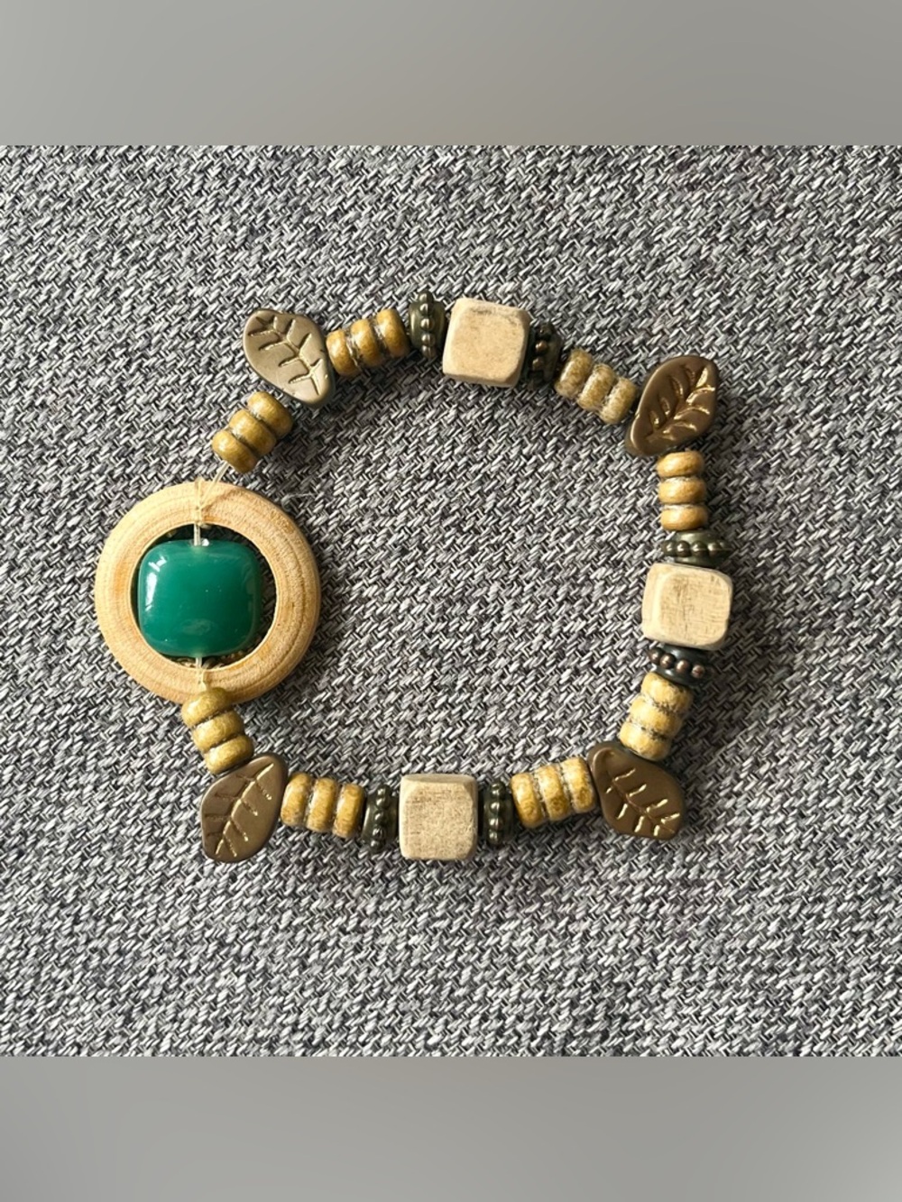 Wooden Bead Stretch Bracelet with Green Stone and Leaf Accents